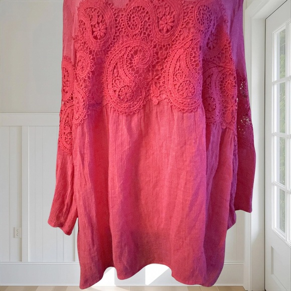 VALERIE STEVENS Women's Pink Crochet Paisley Lace Boho Bell Sleeve Top XL - Picture 4 of 14